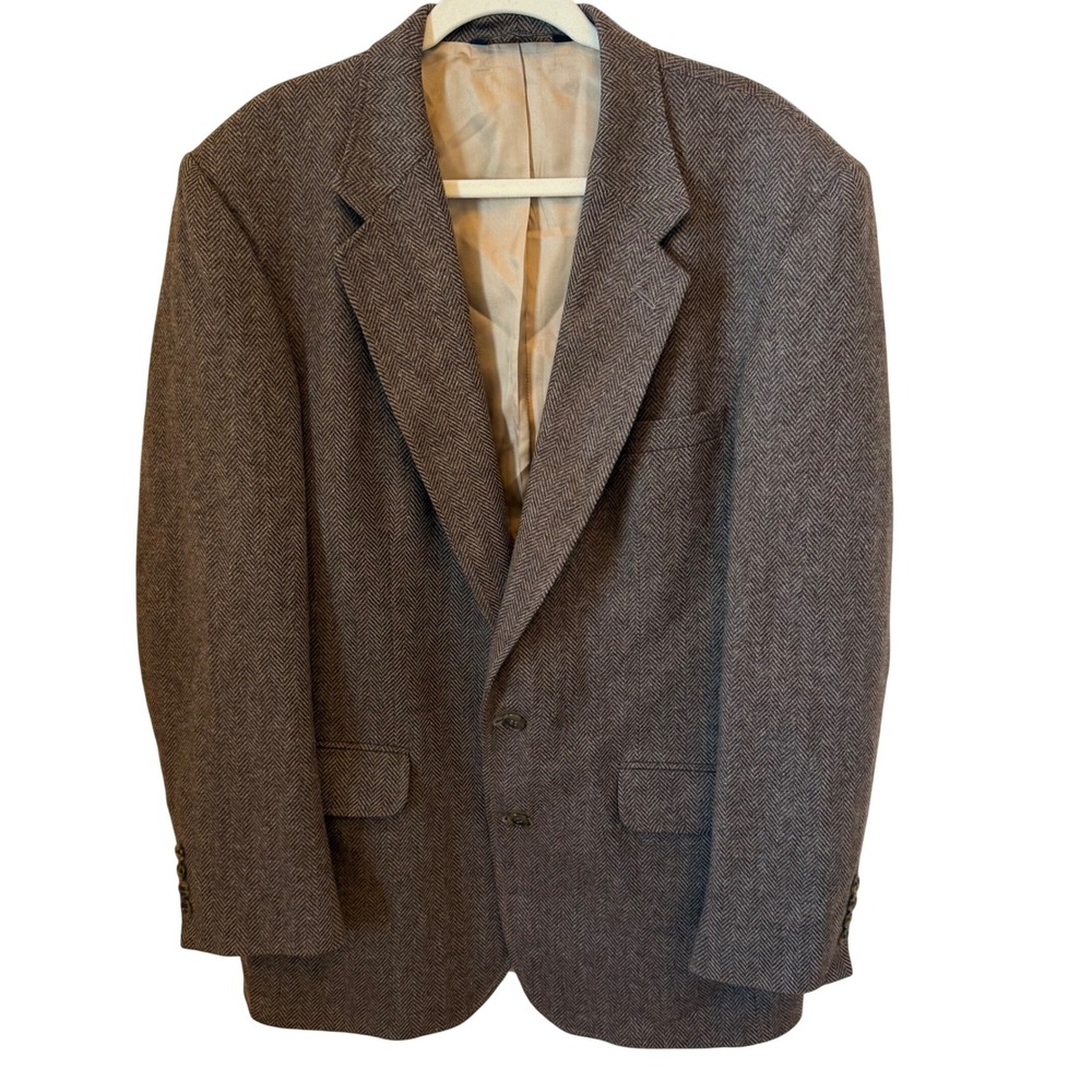 Lands' End Wool‎ Lambswool Herringbone Blazer 42L Brown Tweed USA